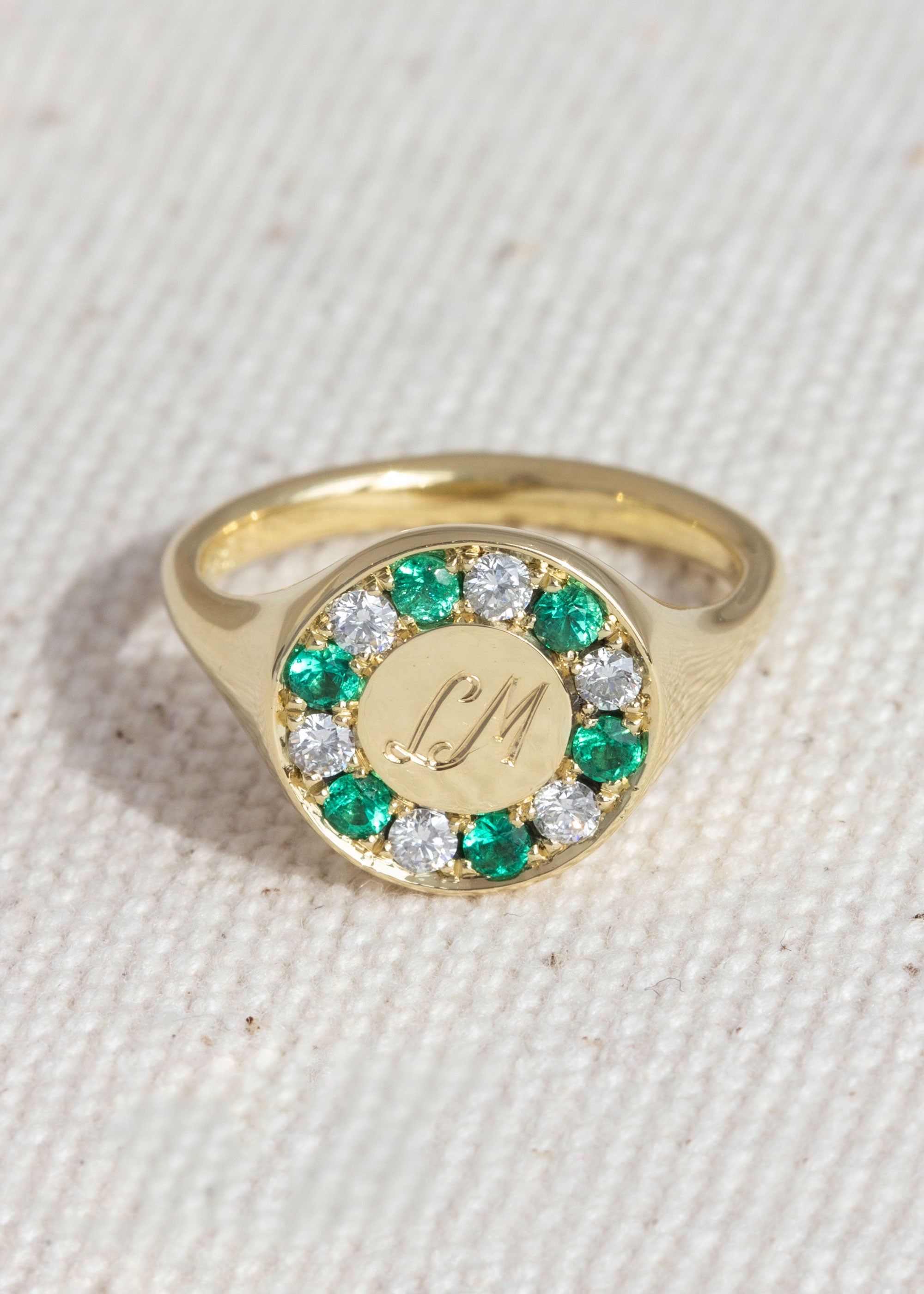 Halo Signet Ring with Emeralds and Diamonds