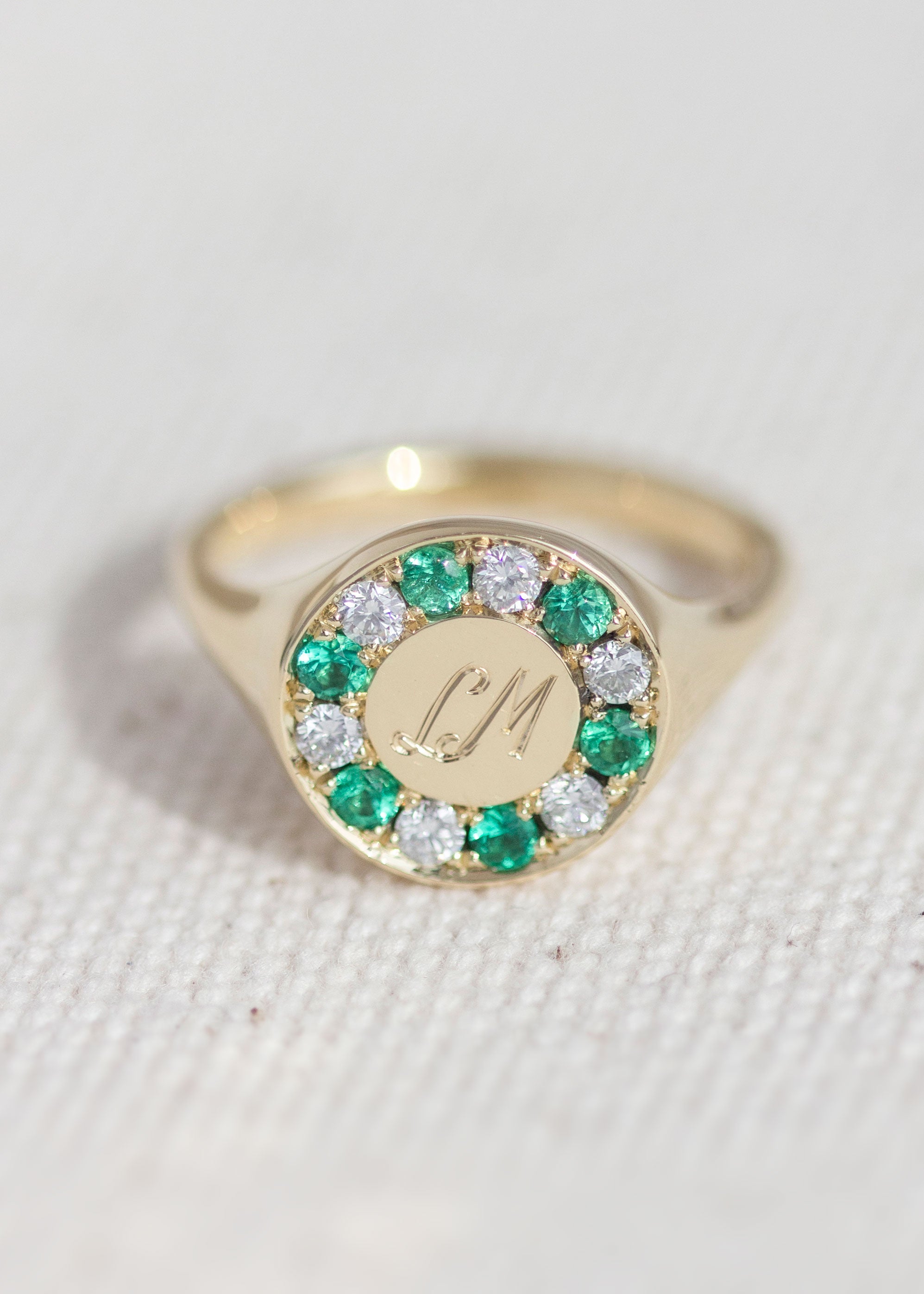 Halo Signet Ring with Emeralds and Diamonds
