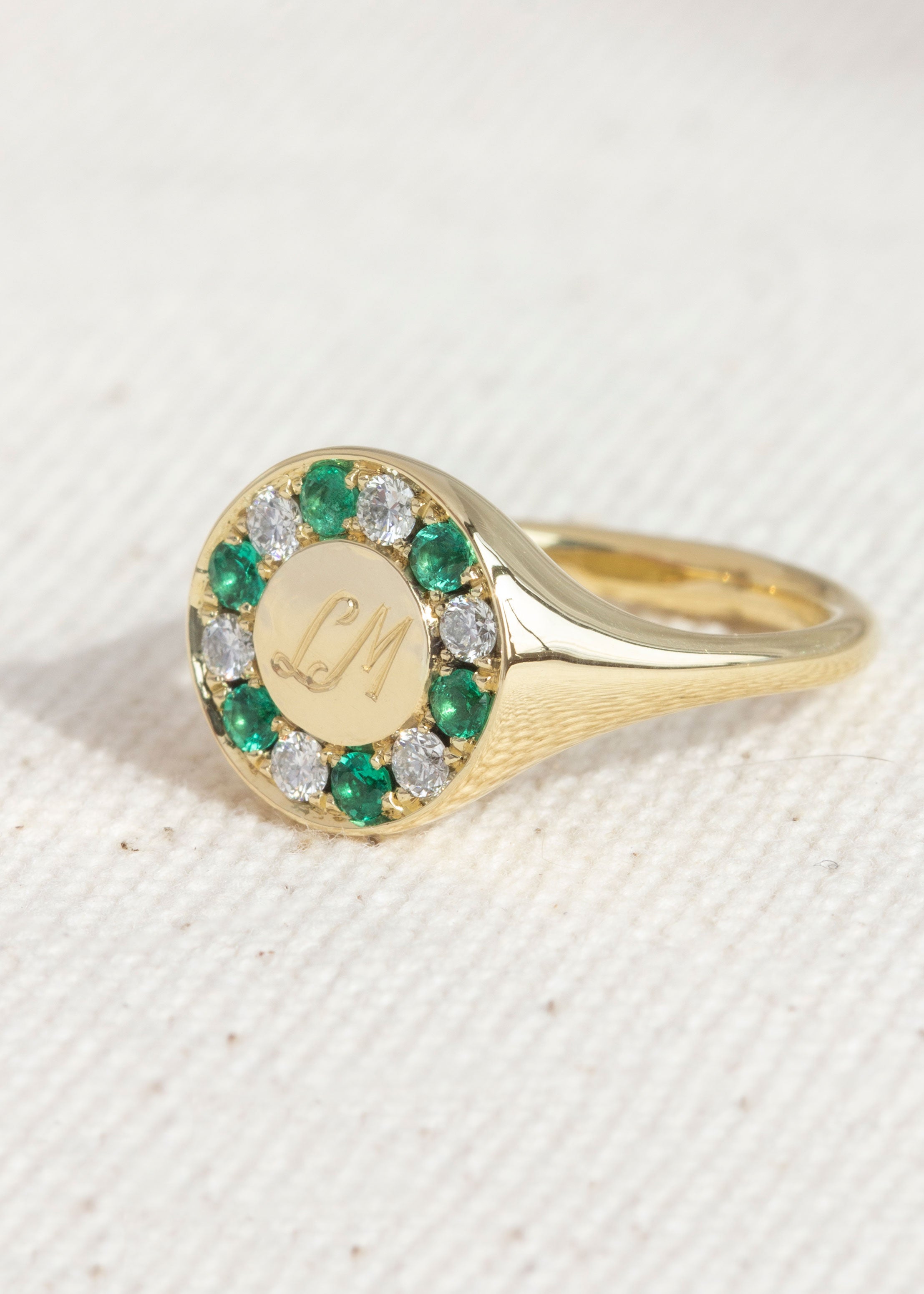 Halo Signet Ring with Emeralds and Diamonds